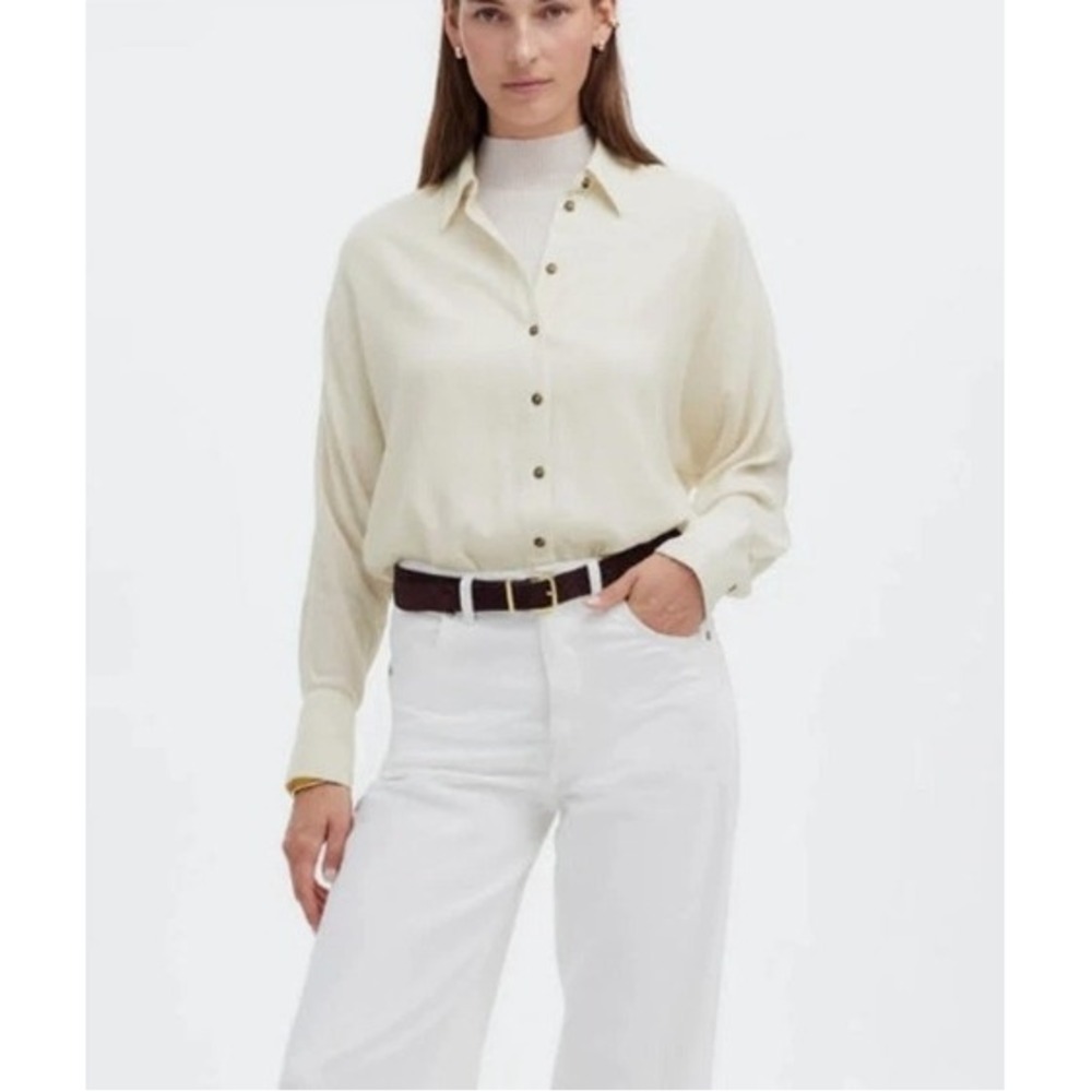 Madewell Heathered Flannel Dolman Button-Up Shirt Women Medium Beige Relaxed Fit
